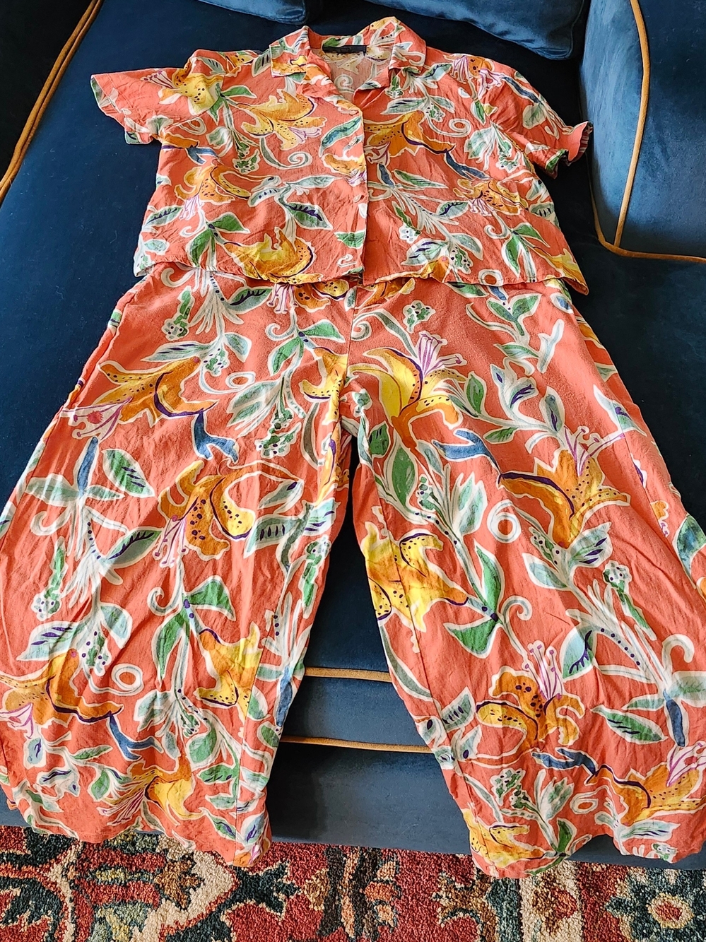 Linen Blend Coral Tropical Vacation Outfit Set